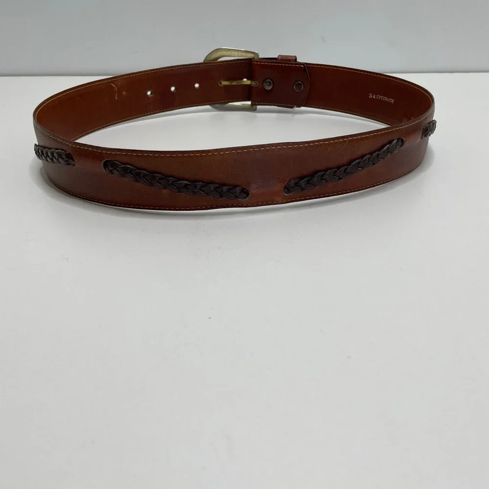 Mens‎ Brown Steerhide Leather Belt Braided Inlay 34 Western Cowboy Rodeo Country